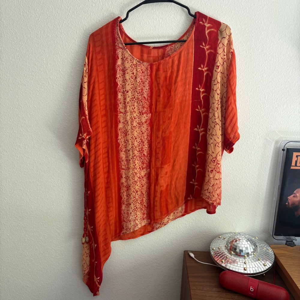 Boho Asymmetrical Sharkbite Tunic Top Orange Red Floral Beaded Tassel One Size - Picture 4 of 9